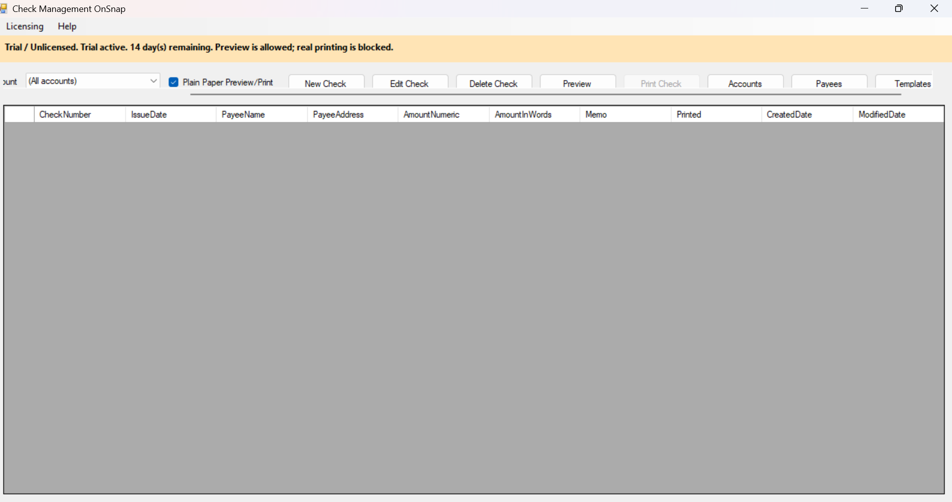 Check Management OnSnap screenshot showing the desktop interface for managing and previewing U.S. checks.